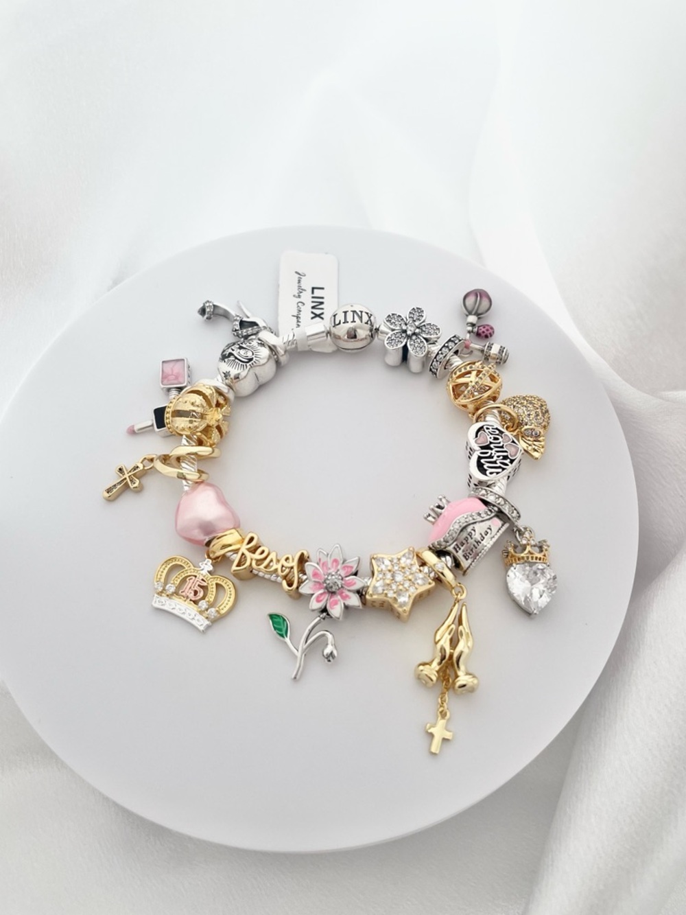 Linx Snake Chain Bracelet & Pink & Gold Religious Quinceanera Charms